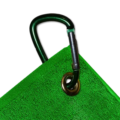 Green custom golf towel with a metal grommet and hook for easy attachment to a golf bag.