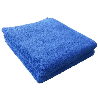 A folded blue plush robe on a striped surface, representing a premium textured bathrobe, possibly a custom flannel fleece robe.