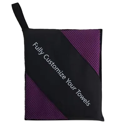 A hand towel with a diagonal design, half black and half purple, with the text 'Fully Customize Your Towels' showcasing the option for personalized hand towels.