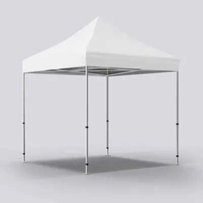 A plain white event tent with a peaked canopy and four metal legs, displayed against a neutral background.