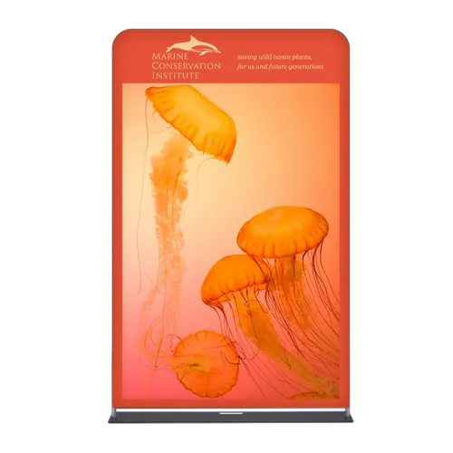Jellyfish float effortlessly in water on a promotional banner for the Marine Conservation Institute, advocating the protection of ocean places.