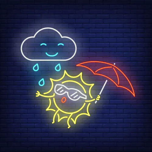 Cartoon Sun With Umbrella Rain Neon Sign - All Signs Today