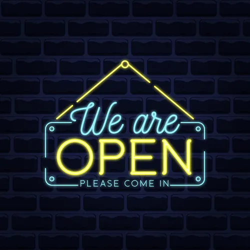 We Are Open Blue and Yellow Neon Sign - All Signs Today