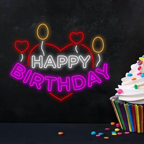 Happy Birthday Heart and Balloon Neon Sign - All Signs Today
