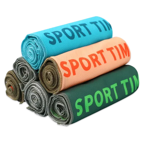 Stacked custom cooling towels with 'SPORT TIME' printed on them, in blue, orange, and green colors, suggesting a fitness or athletic context.