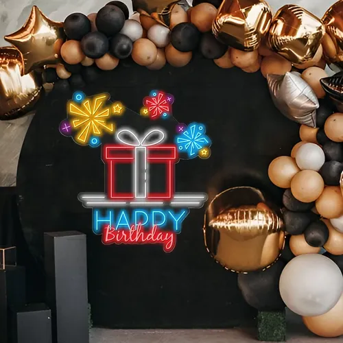 Happy Birthday with a Gift Box Neon Sign - All Signs Today